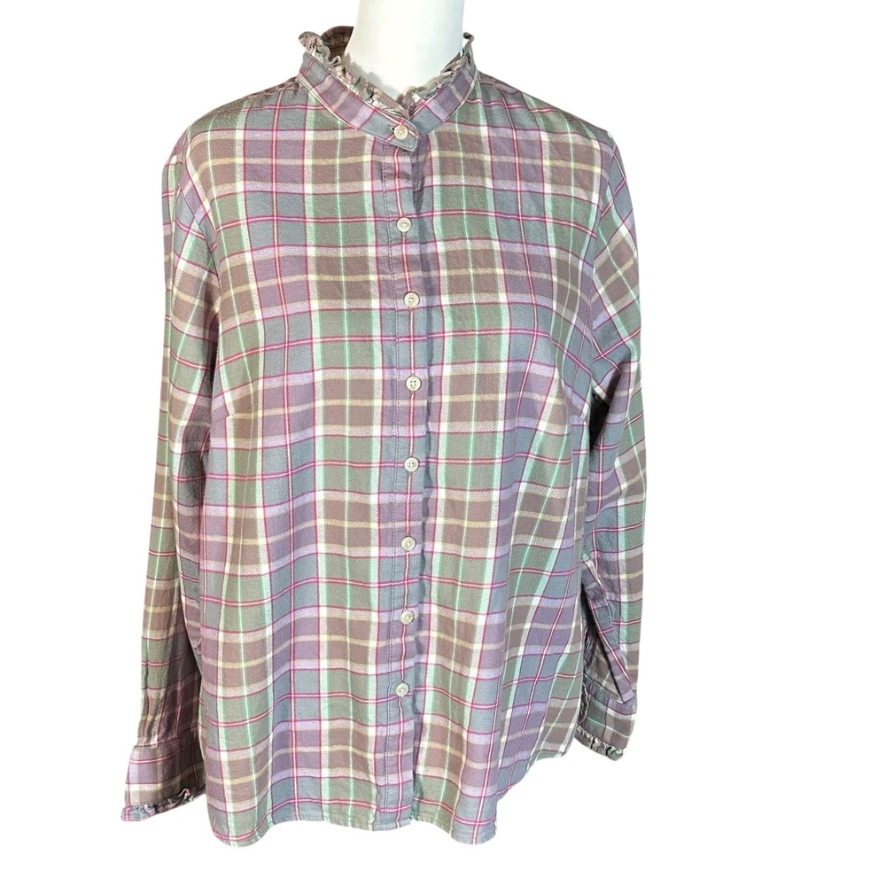 Lands' End Button Down Women 1X Purple Plaid Ruffle Collar Flannel Shirt